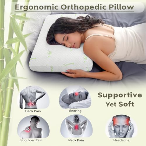 Image of AYKA Bamboo Memory Foam Pillow for Neck & Shoulder Pain | Neck Orthopedic Pillow for Sleeping, Pain Relief & Spinal Alignment | Ergonomic Design | 2 Years Warranty (Set of 2)