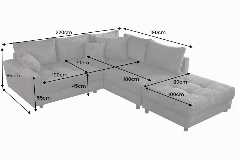 Wohnlandschaft KENT - 220cm - dunkelgrau - Cord - Federkern inkl. Hocker
