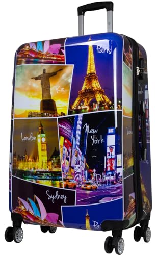 Warenhandel König Hartschalen Koffer Trolley mit hochwertigem Motiv Print Five Cities mit Dehnfalte, Größe XL