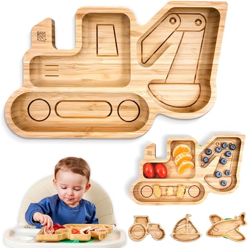 BamBamKidz Bamboo Divided Suction Plate Baby - Strong Suction Toddler Plates - Non-Toxic All Natural Eco Friendly Materials - Digger