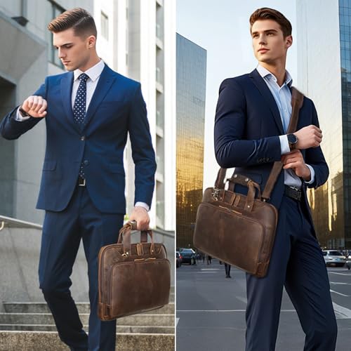 Image of Masa Kawa Leather Laptop Briefcase for Men Fits 15.6 inch 16 inch Computer Slim Crossbody Shoulder Messenger Bag Attache Case for Business Work, Vintage Brown