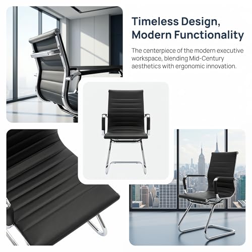 Image of HNY Leather Office Guest Chairs & Reception Chairs Set of 8, Modern Waiting Room Chairs with Arms, Desk Chair no Wheels with Sled Base for Waiting Room /Conference Room, Black