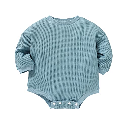 Baby Girl Boy Romper Long Sleeve Oversized Sweatshirts Waffle Knit Sweater Bodysuit Cute Newborn Fall Winter Clothes (Blue, 0-3 Months)