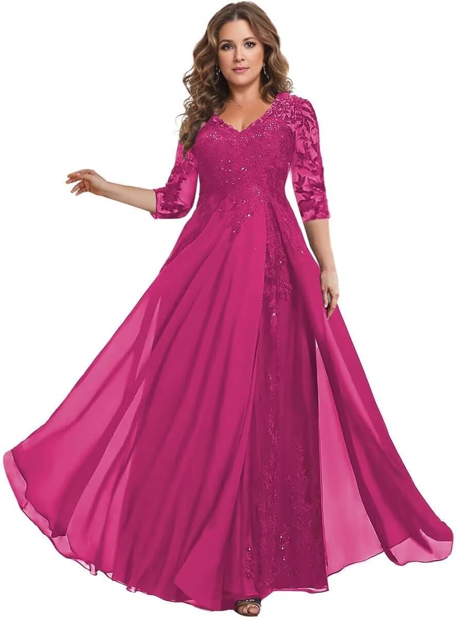 Women's Chiffon V Neck Mother of The Bride Dresses for Wedding Long Lace Applique Formal Evening Gowns with 3/4 Sleeve PG047