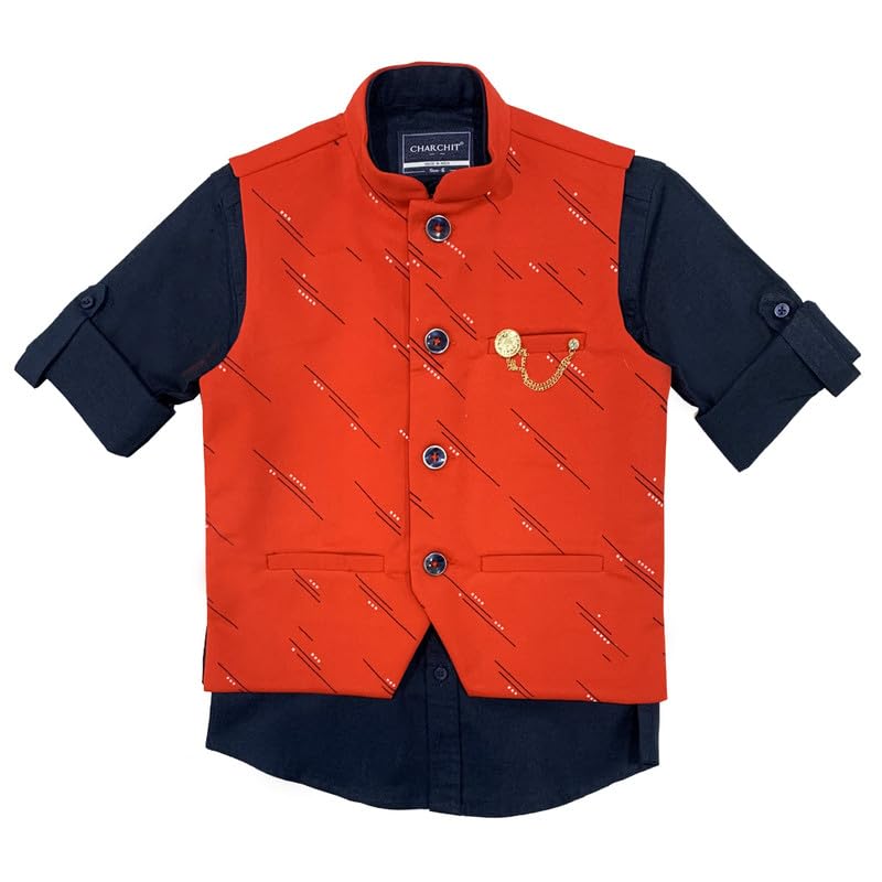 Image of CHARCHIT Boys Solid Print Nehru Jacket and Shirt