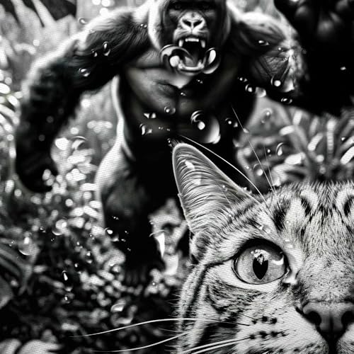 Image of Funny Cat Selfie with Gorilla in Jungle Shower Curtain, Black White Humorous Animal Bathroom Decor, Waterproof Polyester Fabric Bath Curtain Set with 12 Hooks, 47x64 Inch