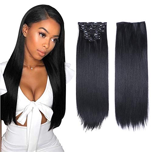 2 Packs 22 Inches Full Head Clip in Hair Extensions for Women Black Straight Double Weft Synthetic Hair Extensions Hairpiece 8 Pieces/Set 17 Clips