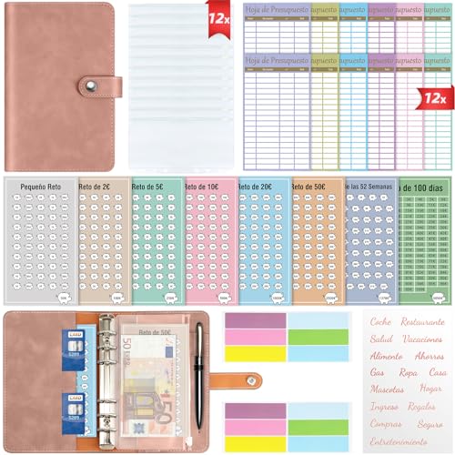 WenmthG - Agenda Ahorro Dinero Español A6-8 tipos Retos Para Ahorrar Dinero - Organizador de Dinero - Carpeta de Ahorro de Dinero - Sobres Ahorro Dinero - Budget Planner Español(ROSA)