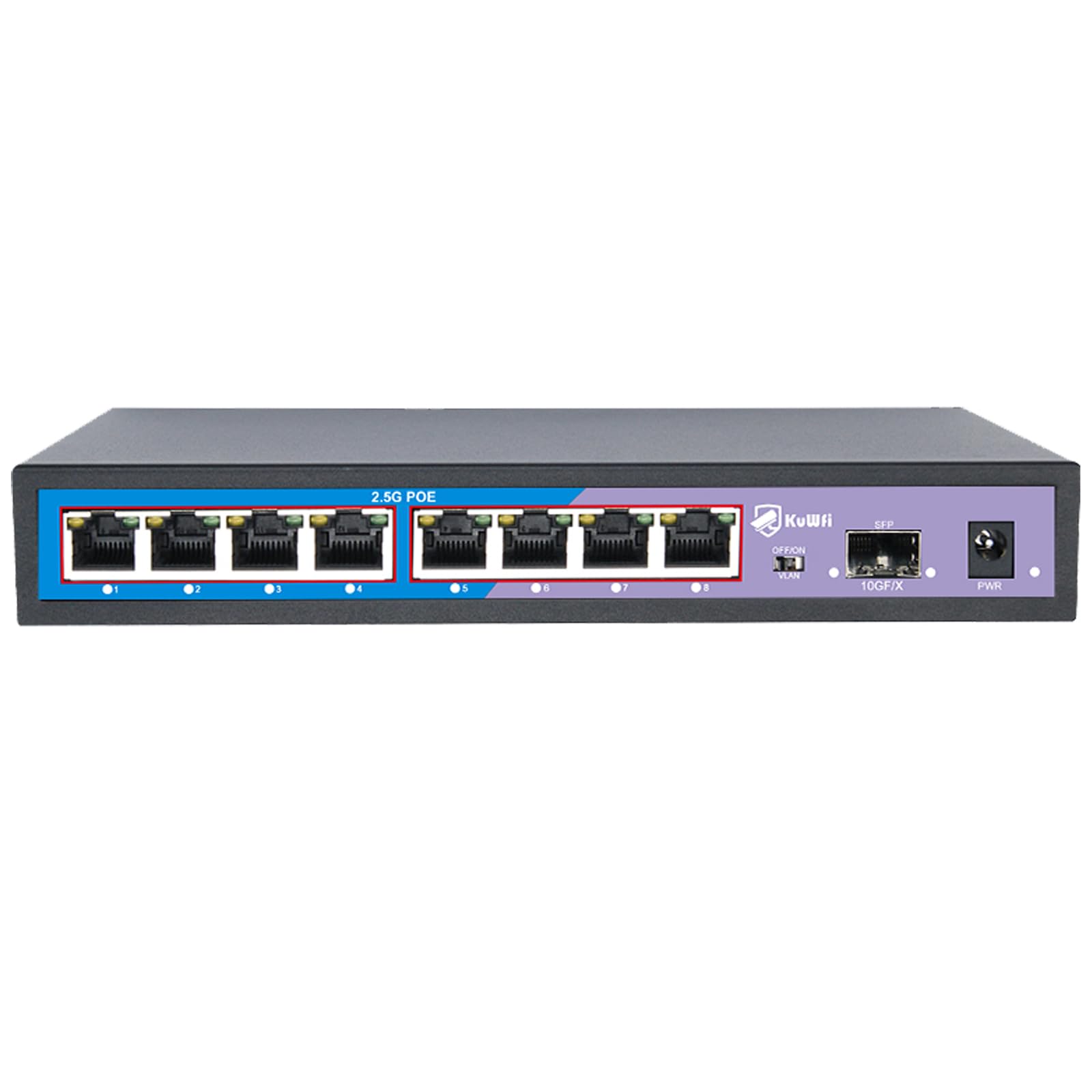 KuWFi 8X 2.5G PoE-Switch, 10G SFP+, Plug&Play, für Büro & Heimnetzwerk | VLAN, Blitzschutz, lüfterloses Metallgehäuse, Ideal für WiFi 6 AP & IP-Kamera