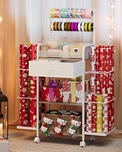 Rsaayekkt Wrapping Paper Storage Cart with Heavy-Duty Wheels for Carpet Rolling Gift Wrap Station with Fabric Drawer & Ribbon Holder Metal Craft Organizers and Storage for 12x12 Paper & Long Rolls Christmas
