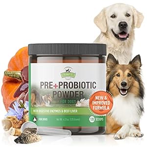 Probiotics for Dogs – 5 Billion CFU’s, Digestive Enzymes, Prebiotics – Dog Allergies, Diarrhea, Bad Dog Breath, Constipation, Gas, Yeast, Hot Spots – Powder Supplement – 120 Grams – Strawfield Pets