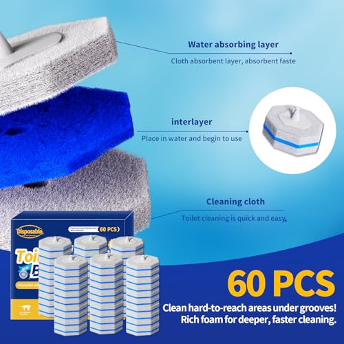 Image of 60pcs Disposable Toilet Brush Refill Pads, Replacement Brush Heads, Toilet Cleaner Refills,Disposable Wand Heads,Bathroom Cleaning,Toilet Cleaning Scrubbers Compatible with Most Toilet Brushes