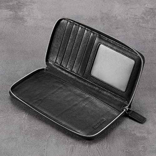 Image of HISCOW Leather Checkbook Cover, Zippered Wallet, Vegetable-Tanned Black | Full grain cowhide, 5cc & ID window, personal check book & register pockets, removable duplicate divider, women secure zipper