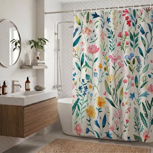 Rideau de douche lavable fleurs sauvages pour éviter l'eau au sol