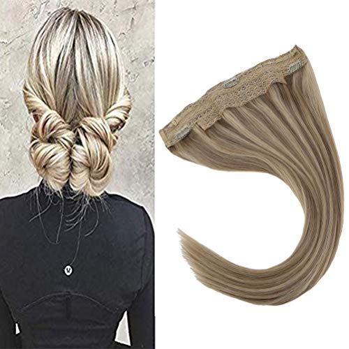 VeSunny 20" Blonde Secret Wire Halo Hair Extensions Remy Straight Human Hair Color #16 Golden Blonde Mix #22 Medium Blonde Highlights Halo Human Hair Extensions 11" Width 80G/Set