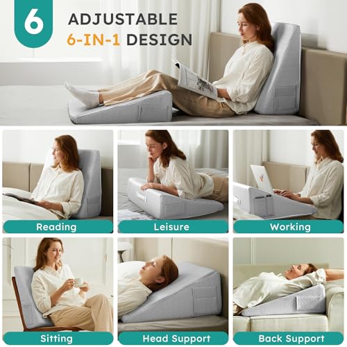 Image of Bedluxe Wedge Pillow, 12 inch Bed Wedge Pillow for Headboard, Pillow Wedge for Acid Reflux Relief, Sleeping, After Surgery, Snoring, Gerd, Triangle Pillow Wedge - Cooling Memory Foam Top, Light Grey