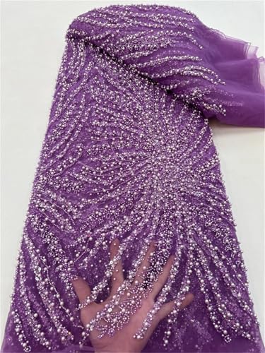 French Net Embroidery Beads Sequins Lace African Nigerian Lace Fabrics for Wedding Bridal Dress 5 Yards O