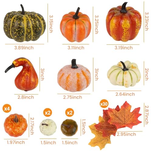 HAKACC 14 PCS Artificial Lifelike Simulation Mixed Pumpkins for Decorating, Fake Pumpkins with 30PCS Fake Maple Leaves Festival Thanksgiving Fall Harvest Home Decoration