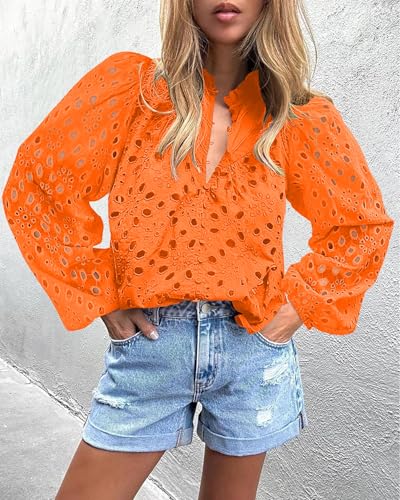 BETTE BOUTIK Women's Long Short Sleeve Tops 2025 Dressy Casual Button Hollow Out Lace Embroidered Blouses Shirts