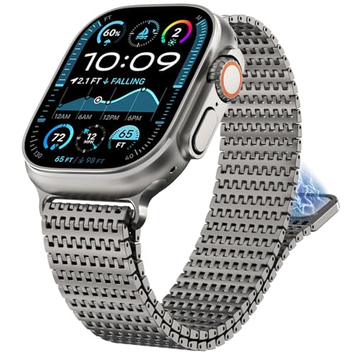 Image of WINGLE Magnetic Mesh Loop for Apple Watch Band Ultra 3 /2 /1 49mm 46mm 45mm 44mm 42mm Men Series 11 10 9 8 7 6 5 4 3 2 1 iWatch SE 3 /2 /1, Stainless Steel Adjustable Metal Magnetic Buckle Strap, Titanium