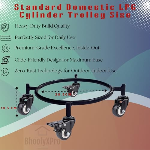 Image of Gas Cylinder Trolley with Wheels - Black | Heavy Duty Steel LPG Cylinder Stand | 360 Smooth Rolling Caster Wheels | Rust Resistant Cylinder Holder for Kitchen & Home