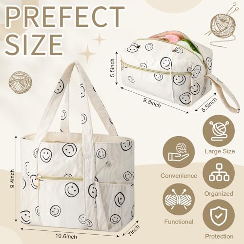 Image of Bulyoou 2 Pcs Crochet Bag and Tote Set, Corduroy Yarn Bag with Grommets, Smile Face Crochet Project Bags Organizer for Hooks, Needles, Knitting Accessories, Gifts for Women Yarn Crafts Lovers