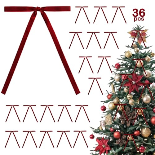 DOA 36PCS Velvet Christmas Tree Bows, 5 * 7 Inch Vintage Velvet Bows for Christmas Tree, Rustic Crafts Gift Bow for Wreath Tie for Home Indoor Decor Outdoor Decorations - Burgundy