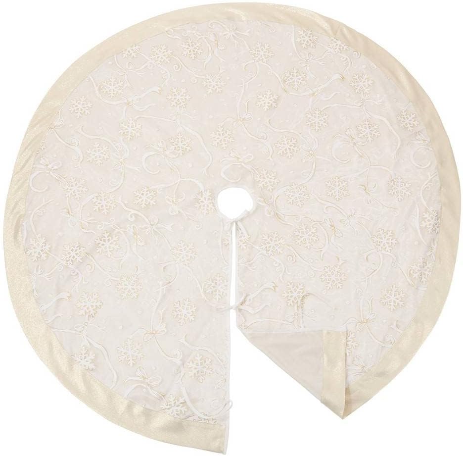 Fennco Styles Printed Snowflake & Ribbon Christmas Tree Skirt 52" Round - Gold Holiday Tree Skirt for for Home, Christmas Tree, Indoor Outdoor Decoration and Special Events