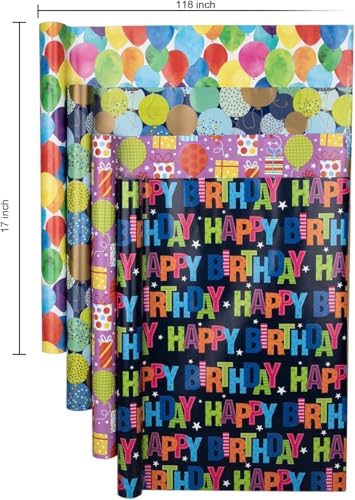 Premify 4 Pack Gift Wrapping Paper Roll Set Included Gift Kraft Wrap Paper For Birthday Party Graduation Eid Boys Girls kids baby Men Women 43 cm X 300cm Per Sheet