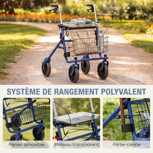 HOMCOM Déambulateur 4 Roues Pliable, Rollator en Acier Inoxydable, Bleu – vue 6