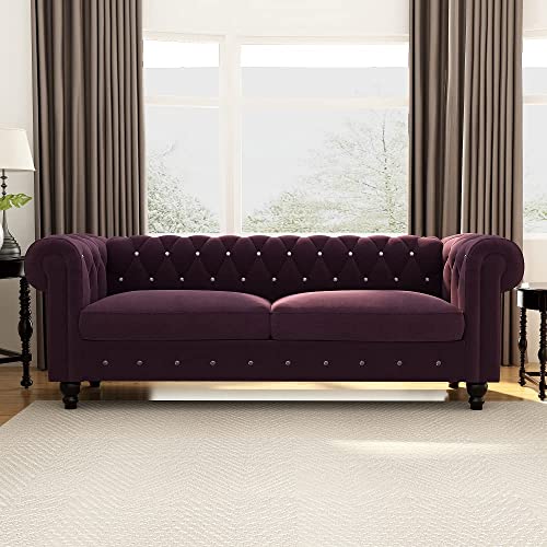 Image of Dime Store Wooden Chesterfield Sofa 3 Seater with Button Tufted Design Solid Wood Frame Upholstered Couch with Rolled Arms | Luxury Living Room Sofa for Home, Office, Lounge & Reception (BlackBerry)