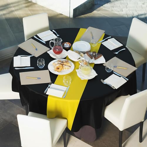 Image of Remagr 6 Pcs Round Plastic Tablecloth 84 Inch Disposable Tablecloth Party Table Cover for Graduation Wedding Birthday Retirement Decoration (Black,Yellow)