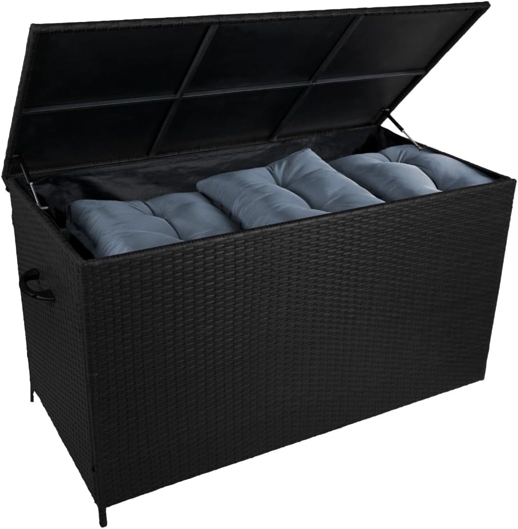 Set pranzo ad angolo in rattan e box da giardino Nero 9 posti a sedere Divano Sgabelli Tavolo in vetro Ampia Cassapanca 582L Telaio in acciaio Resistente ai raggi UV Borsa da trasporto impermeabile
