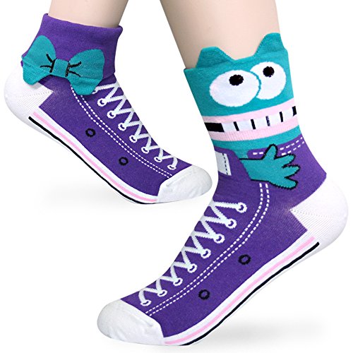 KONY Women's Girls Cute Animal Designed Funny Novelty Crew Socks, Cat Dog Owl Panda Pattern Gift Ideas Size 6-9, Monster Cover - 5 Pairs, M