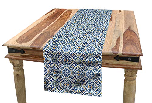 Ambesonne Ethnic Table Runner, Portuguese Azulejo Tiles Floral European Medieval Style Mosaic Moroccan Retro Effect, Dining Room Kitchen Rectangular Runner, 16" X 90", Orange Blue #TOP11