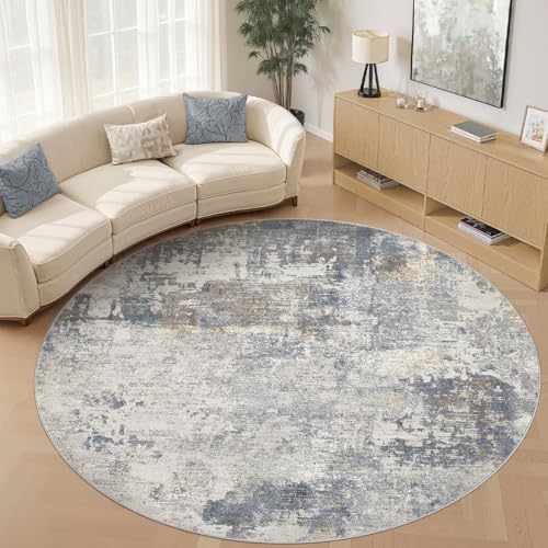UERMEI 10ft Round Area Rug Living Room Rugs - 10x10 Washable Large Neutral Modern Abstract Soft Thin Rug Indoor Floor No Slip Rug Carpet for Bedroom Under Dining Table Home Office Decor - Blue Grey