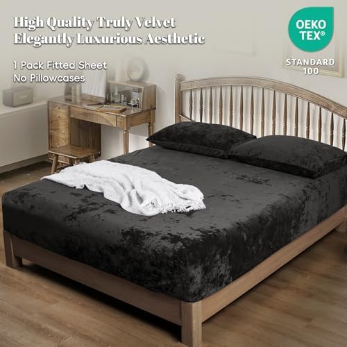 PHF Truly Velvet Fitted Sheet King Size, 1 Pack Luxury Super Soft Cozy Comfy Flannel Bed Sheets with 15'' Deep Pocket, Suitable for Fall Winter and Spring, No Pillowcases, Blue Greyish