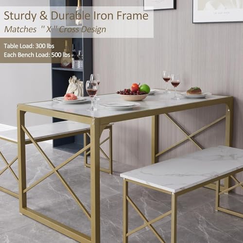 Image of VECELO 55 inch Kitchen Dining Table Set for 4, Heavy-Duty Steel Frame & Wood-Grain Tabletop, Space-Saving Dinette Sets with 2 Benches for Breakfast Nook and Small Space, Golden