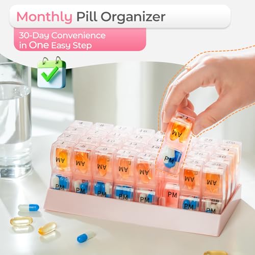 Image of Colorwing Monthly Pill Organizer 2 Times a Day,Compact Pill Case (Pink) | Ultra-Compact, Pocket-Sized, Ultra-Light, Featherweight, Monthly Tracking, Daily Dose, Detachable Lid, Easy-Clean, BPA-Free
