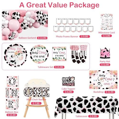 Image of cocomigo 232pcs Holy Cow I'm One Birthday Decorations Party Set, 20 Guests