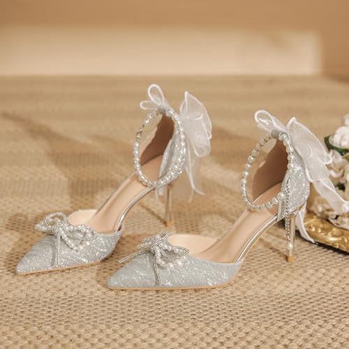 Women's Heels with Bow Sparkly Rhinestone Pumps Closed Pointed Toe Pearl Ankle Strap Wedding Dress Shoes Strappy Heels for Women2