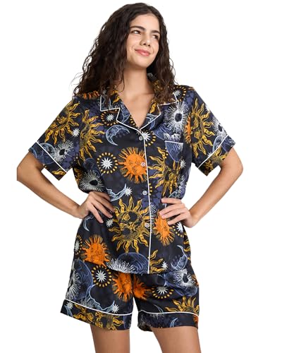 Image of YiNi LuLu Womens Silk Satin Shorts Pajamas Set Button Down 2 Piece Pjs Short Sleeve Oversized Sleepwear with Pockets