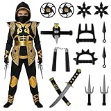 CHMMY Costume Ninja Enfant Doré Ensemble Complet Carnaval Halloween avec Armure, Épées et Shurikens pour Garçons et Filles (M)