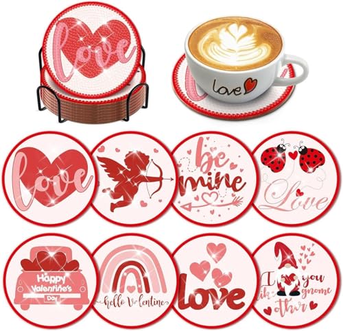 Posavasos de San Valentín Pintura de Diamantes,8 Piezas DIY San Valentín Arte de Manualidades con Soporte,Posavasos para Bebidas,Café y Té de Bar,Kits de Principiantes Adultos Niños