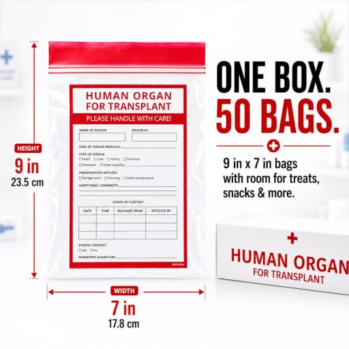 Image of Funny Human Organ Bags, 50 Pack, Organ Donor Bags & Medical Party Favors | Organ donation & transplant bags for bulk healthcare events, doctor parties and candy; BPA-free, food-grade, 7 x 9 in.