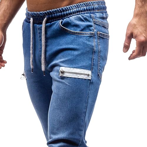 Men's Elastic Waist Drawstring Denim Skinny Fit Ripped Distressed Stretch Fashion Denim Pants Zipper Moto Biker Jeans3