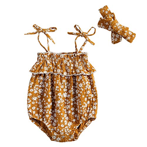 Cute Baby Girl Sleeveless Straps Romper Ruffled Floral Jumpsuit with Headband Summer Clothes Sunsuit (Yellow, 12-18 Months)