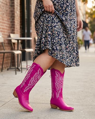 Image of Uillnoodu Wide Calf Cowboy Boots Women Adjustable Lace Up Knee High Tall Plus Size Cowgirl Boots Western Style Comfortable 2-Inch Heel