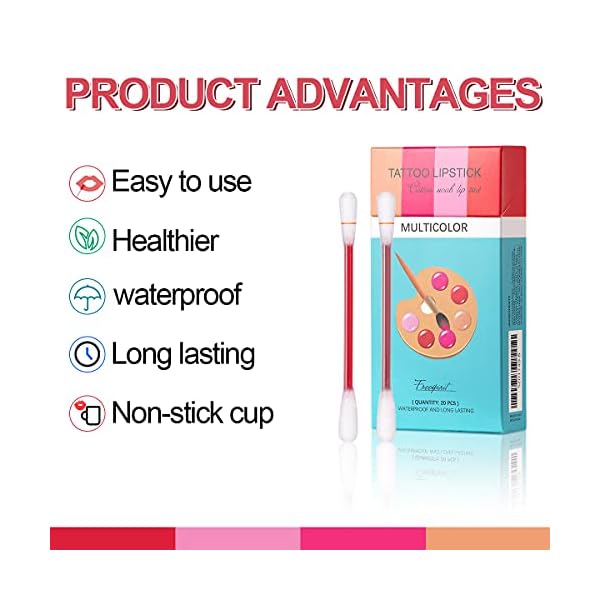 Tattoo Lipstick Cotton Swab, 20pcs Long-Lasting and Kiss-proof Cotton Swab Lip Glaze, Durable Waterproof Non-Stick…