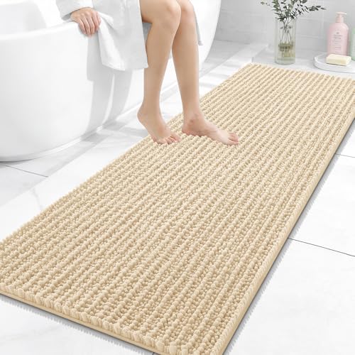 Image of OLANLY Long Bathroom Rugs Runner 59x24, Thick Soft and Absorbent Chenille Bath Mat, Non-Slip, Machine Washable Quick Dry Bath Rugs for Tub Shower Floor, Home Decor Accessories, Beige